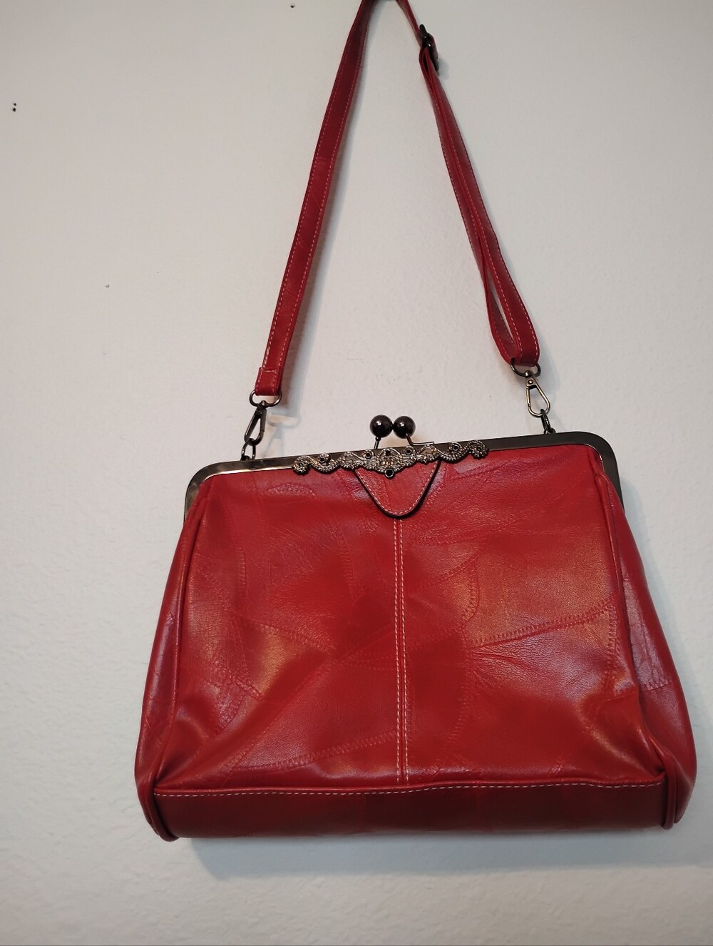 Vintage Classic Red Faux Leather Accent Clutch Shoulder Bag Purse
